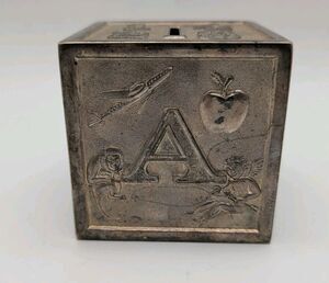 LEONARD SILVER PLATE ABCD CHILD'S PIGGY BANK COINS METAL ITALY 3" SQUARE